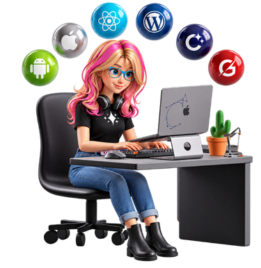 Geekett character at a desk with floating tech orbs — Bella’s 3D studio mascot