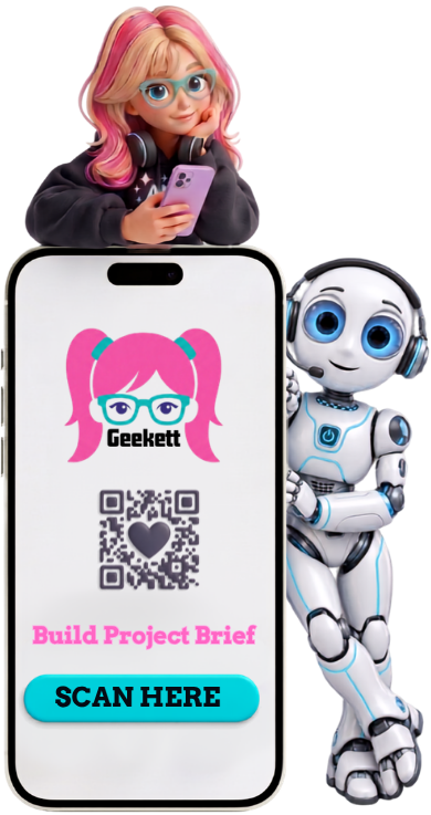 Bella and Builder Bot Bobby with a phone showing the Build Project Brief QR code Bella and Builder Bot Bobby with a phone showing the Build Project Brief QR code