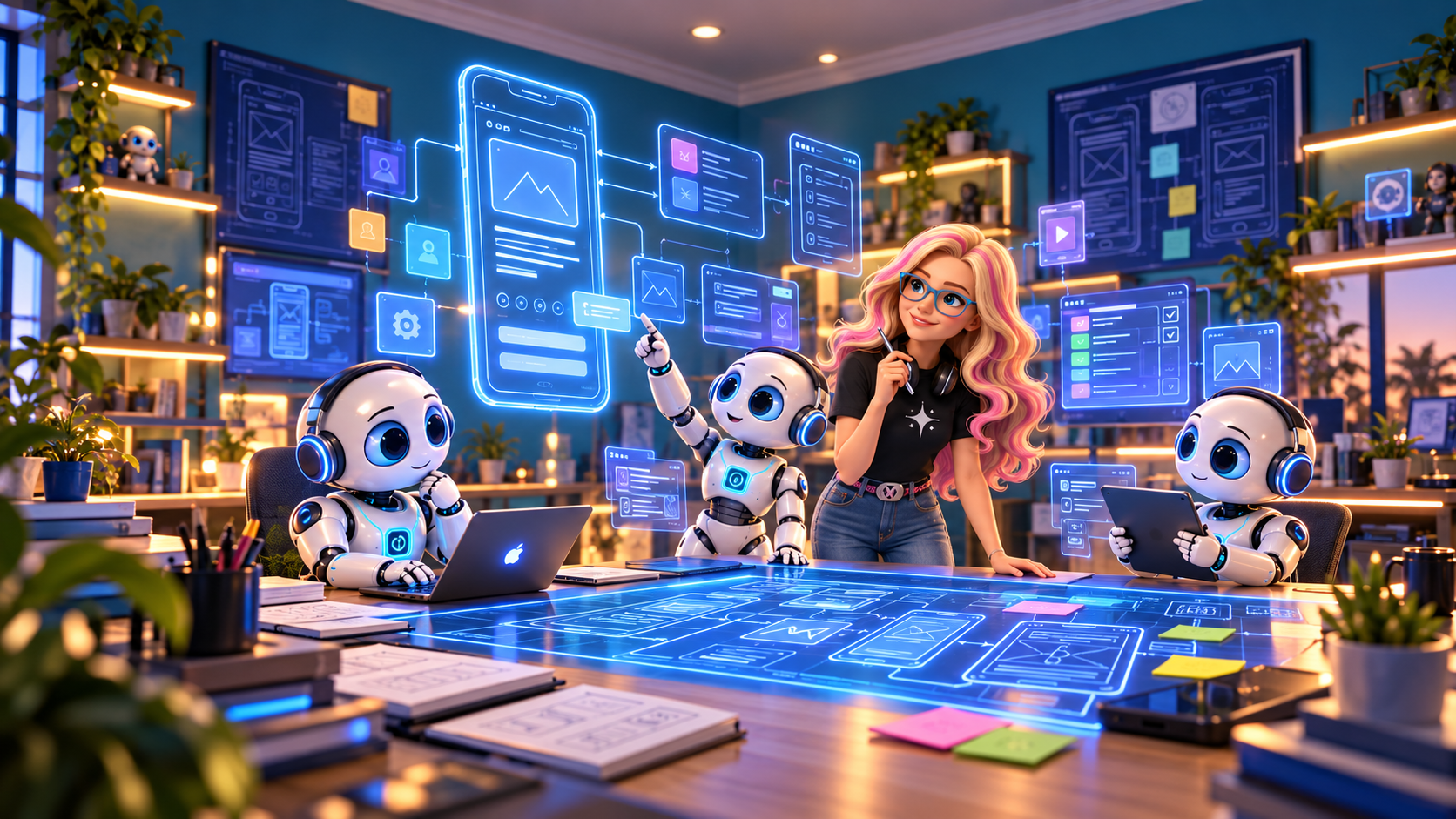 Bella and her Builder Bots planning an app Bella and her Builder Bots planning an app