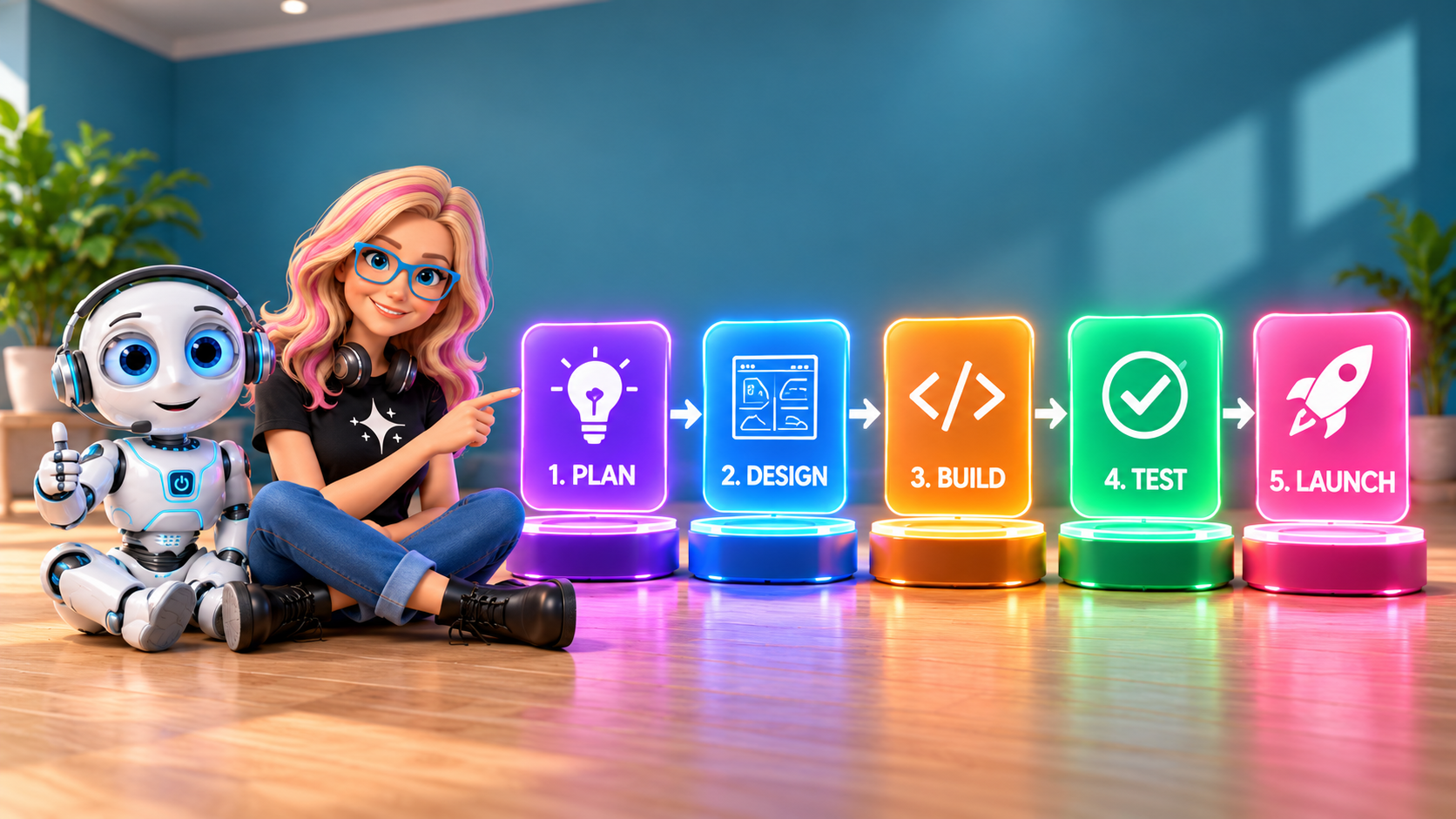 Bella and Builder Bot Bobby with the five-step process: Plan, Design, Build, Test, Launch Bella and Builder Bot Bobby with the five-step process: Plan, Design, Build, Test, Launch